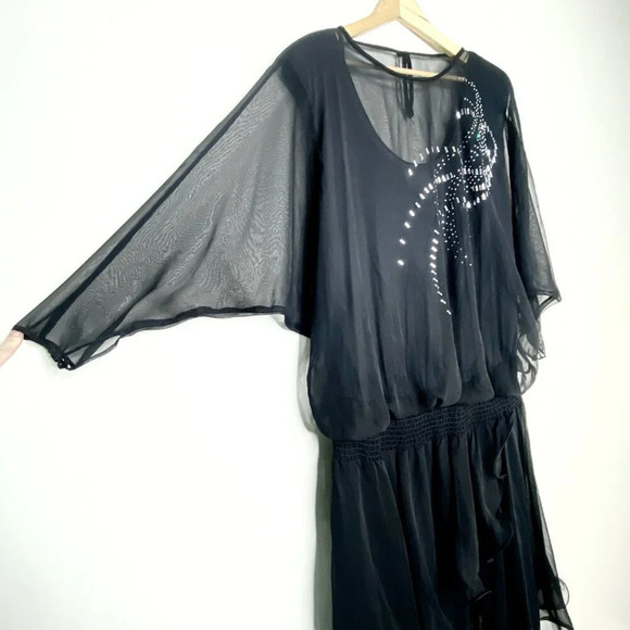 Vintage 80's Spencer Alexis Black Dress 16 Rhinestone Embellished Sheer Sleeve - Picture 4 of 7